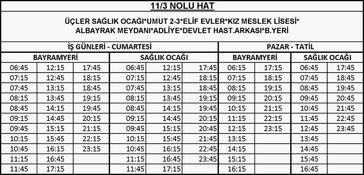 11-3 - Üçler-Elifevler Otobüsü Saatleri