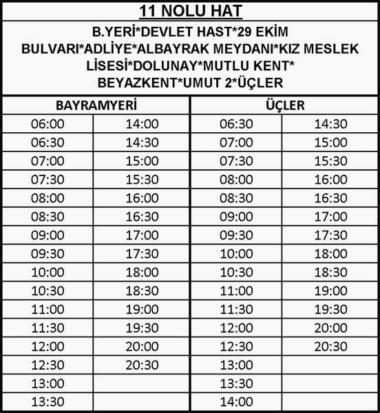 11 - Üçler-Bayramyeri Otobüsü Saatleri