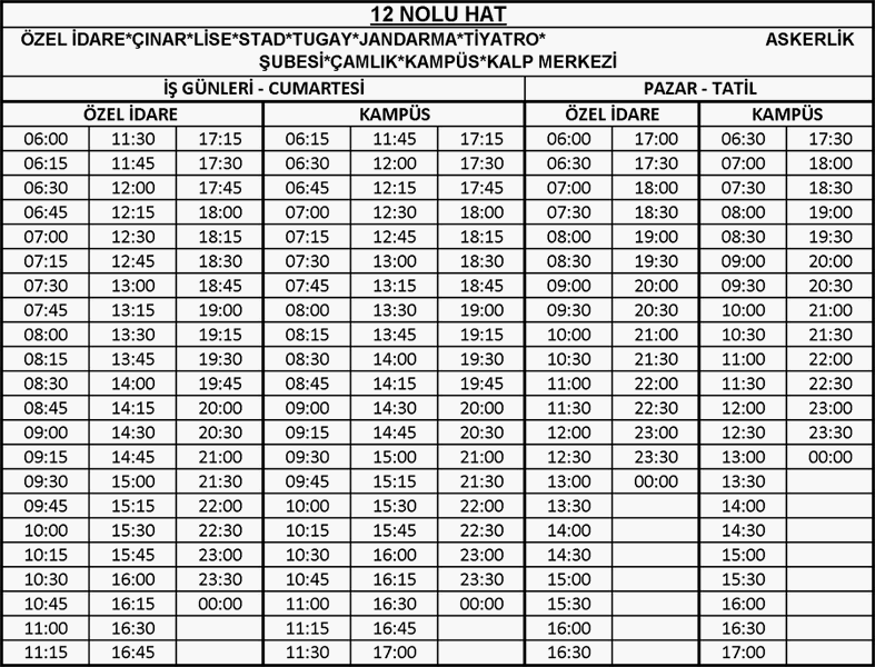12 - Bayramyeri-Kampüs Otobüsü Saatleri