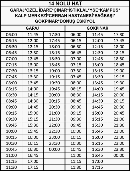 14 - Bayramyeri-Bağbaşı Otobüsü Saatleri