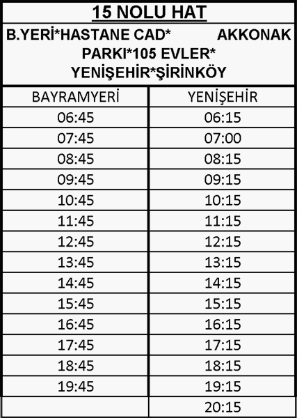 15 - Bayramyeri-Şirinköy Otobüsü Saatleri