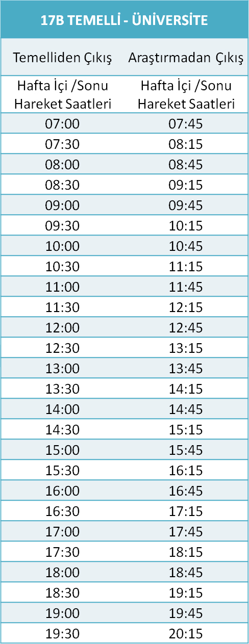 17 - ÜNİVERSİTE HATLARI Otobüsü Saatleri