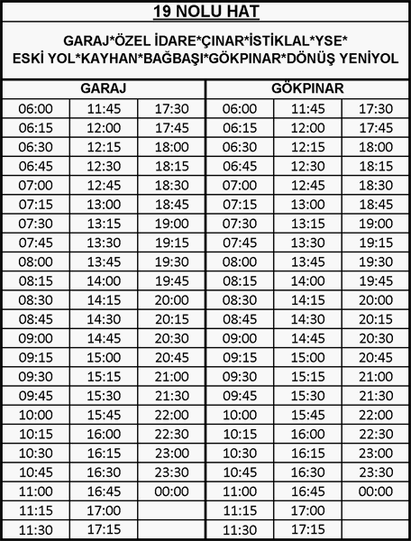19 - Bayramyeri-Bağbaşı Otobüsü Saatleri
