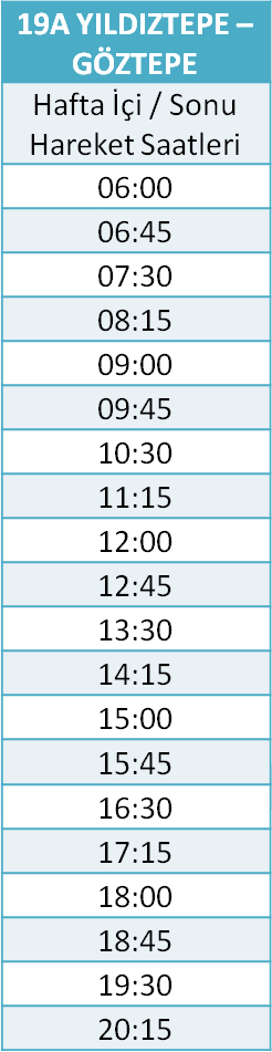 19 - GÖZTEPE - YILDIZTEPE Otobüsü Saatleri
