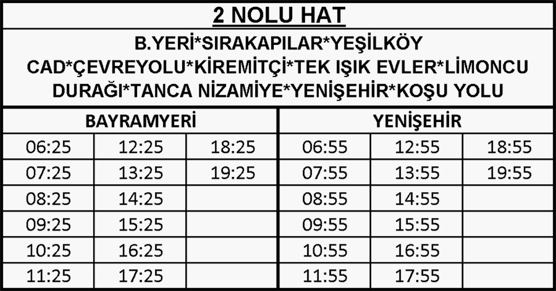 2 - Bayramyeri-Yenişehir Otobüsü Saatleri