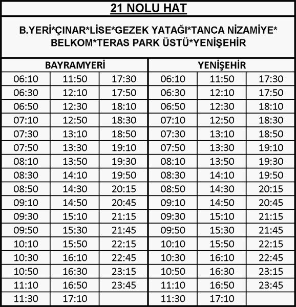 21 - Bayramyeri-Yenişehir Otobüsü Saatleri