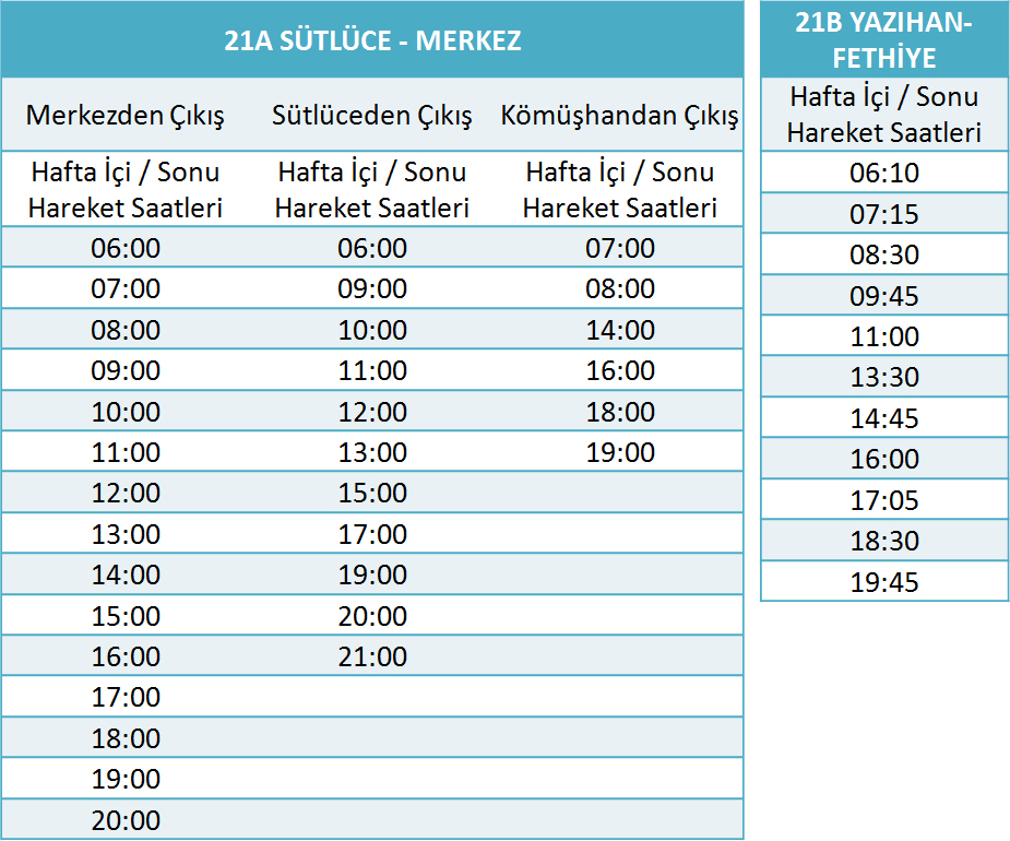 21 - SÜTLÜCE-YAZIHAN HATLARI Otobüsü Saatleri