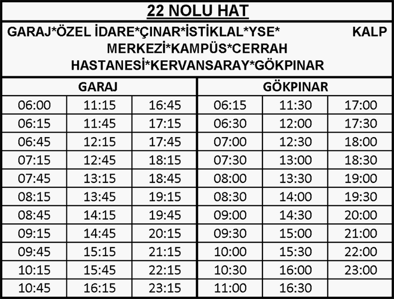 22 - Bayramyeri-Bağbaşı Otobüsü Saatleri