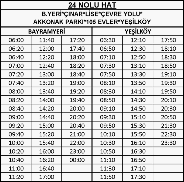 24 - Bayramyeri-Gerzele Otobüsü Saatleri