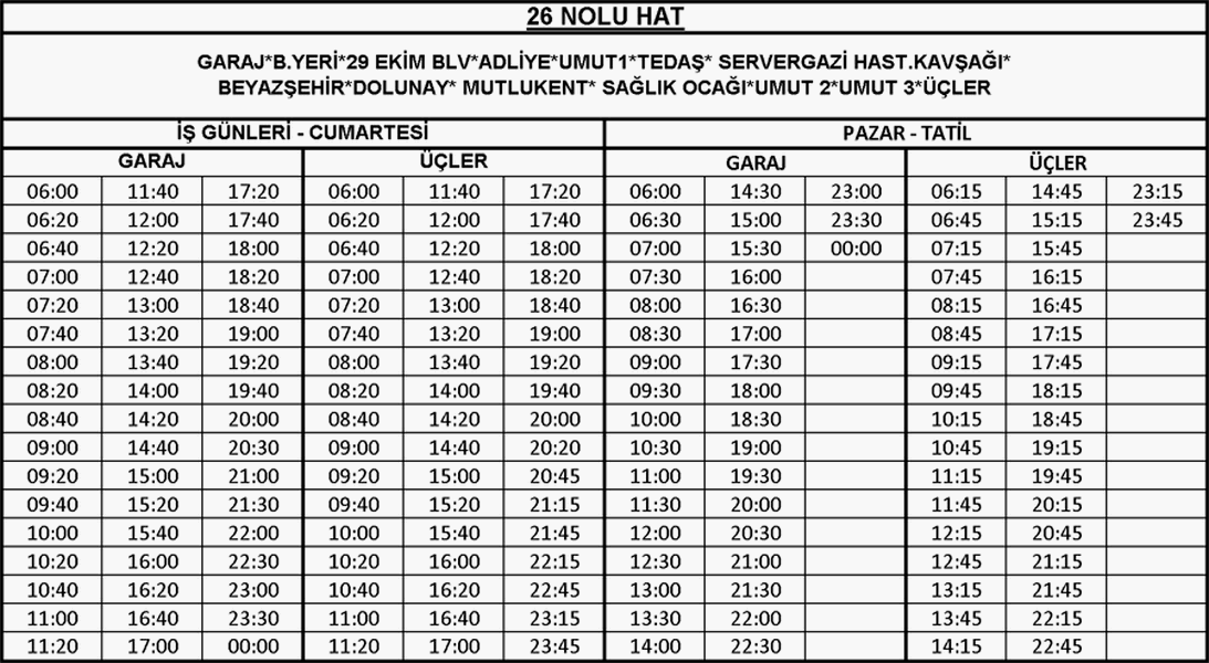 26 - Garaj-Dolunay Otobüsü Saatleri