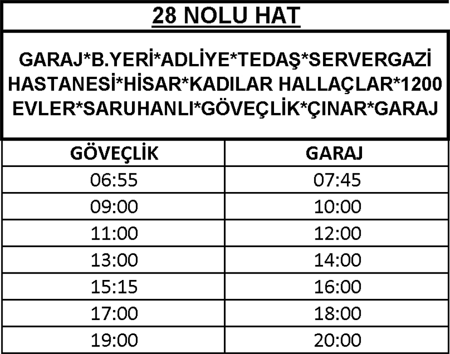 28 - 1200 Evler-Göveçlik Otobüsü Saatleri