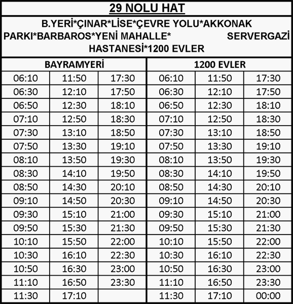 29 - Bayramyeri-1200 Evler Otobüsü Saatleri