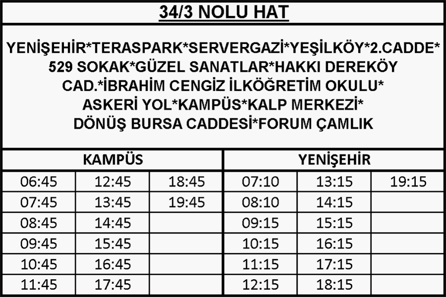 34-3 - Yenişehir-Kampüs Otobüsü Saatleri