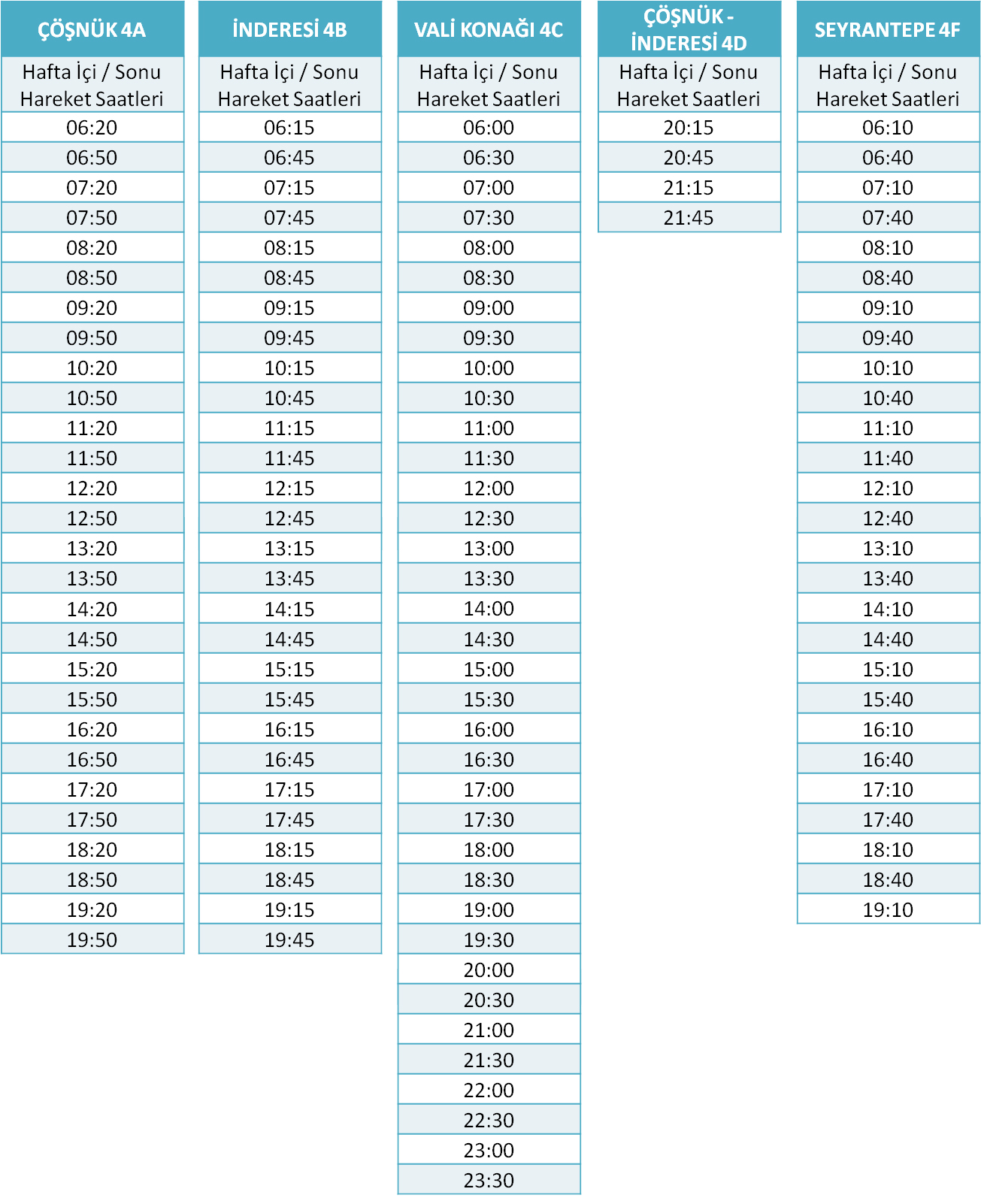 4 - ÇÖŞNÜK HATLARI Otobüsü Saatleri