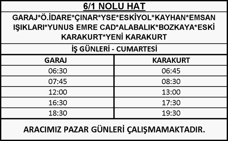 6-1 - Ulucami-Karakurt Otobüsü Saatleri