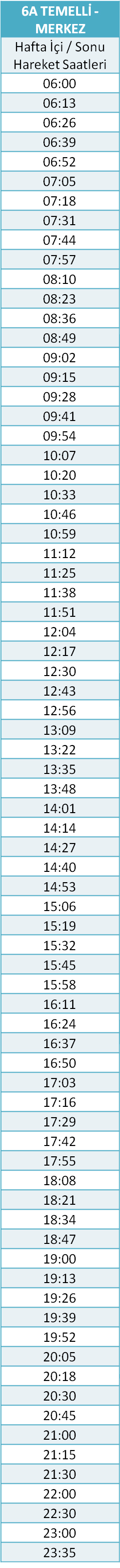 6 - TEMELLİ HATTI Otobüsü Saatleri