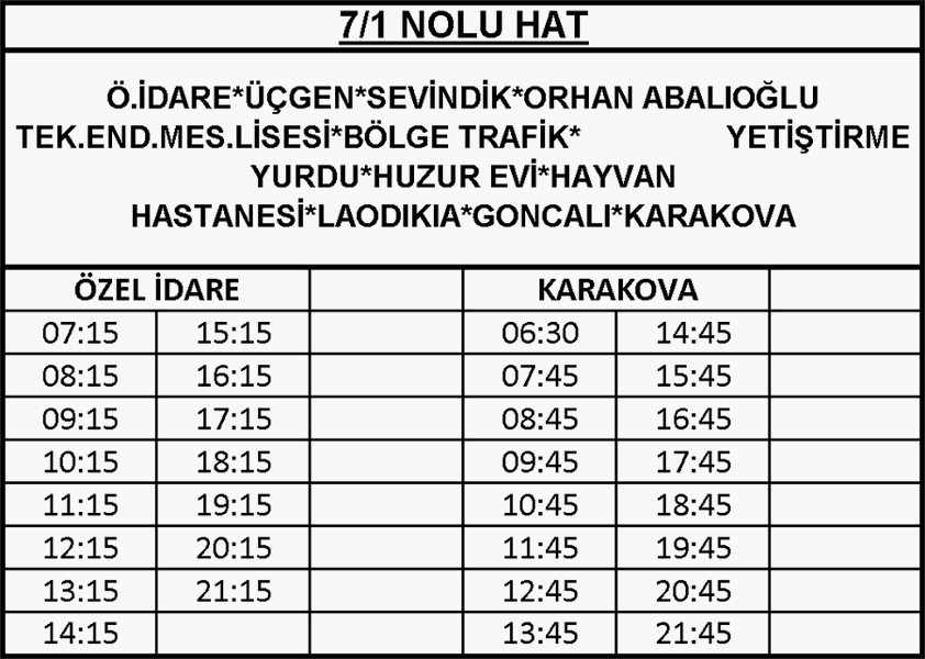 7-1 - Delikliçınar-Goncalı-Karakova Otobüsü Saatleri