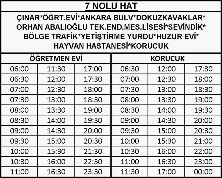 7 - Delikliçınar-Dokuzkavaklar-Korucuk Otobüsü Saatleri