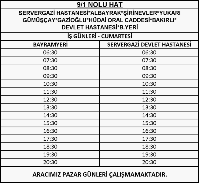 9-1 - Servergazi Hastanesi-Gültepe Otobüsü Saatleri