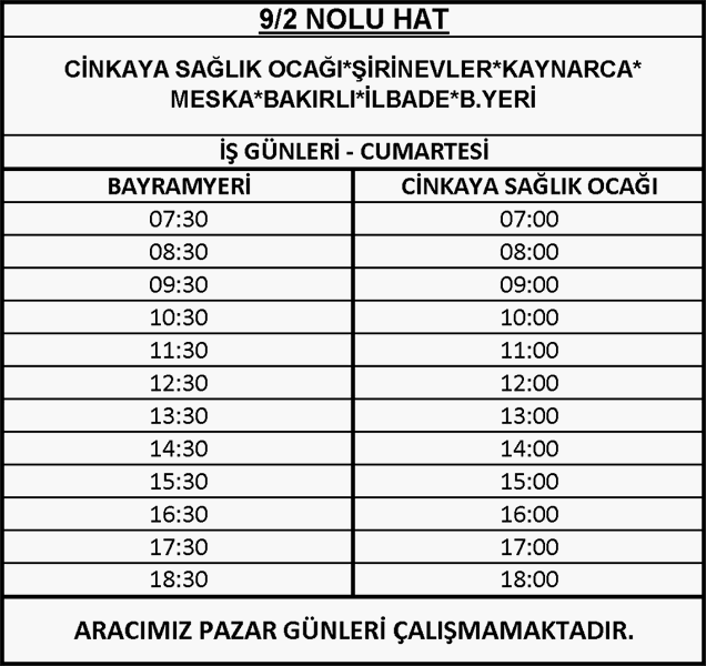 9-2 - Bakırlı-Kaynarca Otobüsü Saatleri