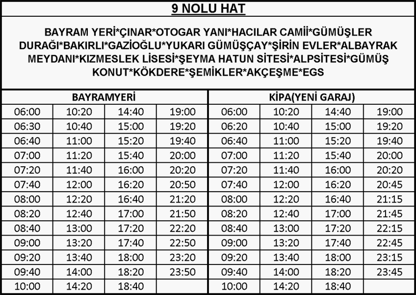 9 - Albayrak-Bayramyeri Otobüsü Saatleri