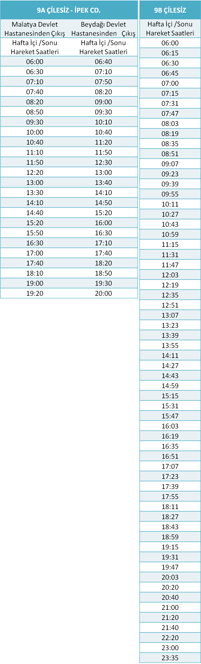 9 - ÇİLESİZ HATLARI Otobüsü Saatleri